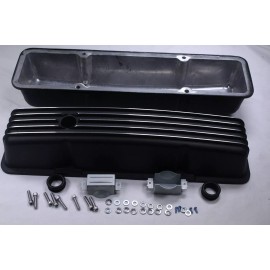CNCRSR Retro Finned Black Aluminum Tall Valve Covers For 58-86 SBC Chevy 327 350 400