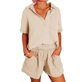 Dokotoo Two Piece Outfits for Women Summer Vacation 2024 Stylish V Neck Beach Short Sleeve Tops Matching Lounge Sets Cute Solid Tracksuits High Waist Shorts with Pockets Ladies Jumpsuits Khaki XXL