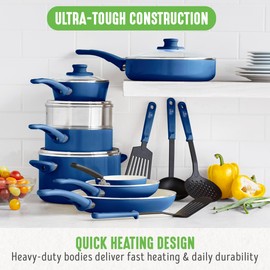 GreenLife 16 Piece Nonstick Cookware Set, Soft Grip Non-Toxic PFAS-Free Ceramic Pots & Pans, Dishwasher & Oven Safe, Frying, Sauce, Saute, Utensils, Glass Lids, Stay-Cool Handles, Wobble Free, Blue