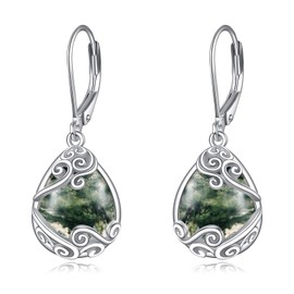 Moonstone Earrings for Women 925 Sterling Silver Filigree Moonstone Drop Earrings Leverback Jewellery Gifts, Sterling Silver, Moss Agate
