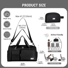 FIORETTO Womens Mens Sports Gym Bag Duffle Bag with Shoes Compartment, Weekend Travel Bag Overnight Bag for Women, Foldable Water Resistant Holdall Hospital Bag for Swimming with Toiletry Bag Black