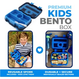 Kids Lunch Box - Bento Box for Boys Toddler Daycare, 4 Portion Sections with Lid, Snack Container Pre-School Kid Lunches Toddlers Removable Tray BPA Free, 3+ Years Old, Blue Rocket Dinosaur