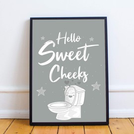 RED OCEAN Framed Grey Bathroom Print Funny Filthy Animal Bathroom Sign Bathroom Wall Art Home Decor (A4 Print with Black Frame - Sweet Cheeks Grey Bathroom)