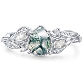 ZLAEBL 1CT Natural Moss Agate Ring 925 Sterling Silver Teardrop Green Engagement Rings for Women Twisted Leaf Promise Ring Wedding Jewelry Gift for Her, Base, Moissanite