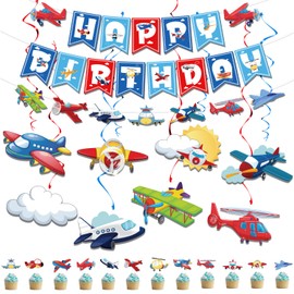 SKIRUP Aviator Themed Party Decoration Happy Birthday Banner and Garland,Cupcake Toppers Airplanes Hanging Swirl,Airplane Foil Balloons for Up Up and Away Party, Plane Theme Birthday Party