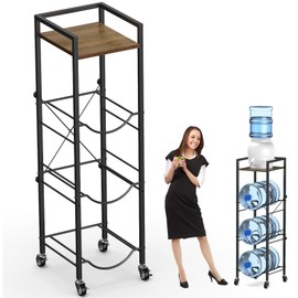 5 Gallon Water Jug Holder Stand with Wheels, 5 Gallon Water Jug Dispenser Stand 4-Tier with Wood Table Top, Water Bottle Holder 3 Bottles for Kitchen Office Garage (Rustic Brown and Black)
