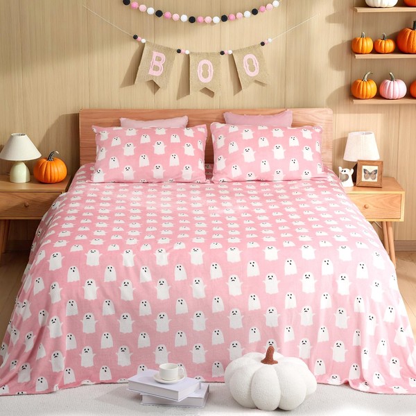 VitalCozy 4 Pcs Flannel Halloween Bedding Set Queen Size Pink