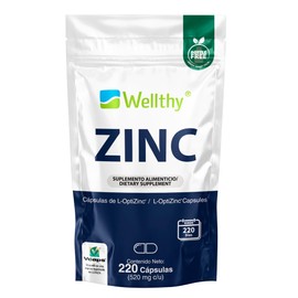 Wellthy Zinc Premium 20mg 220 Cápsulas. Hecho con L-Optizinc, fórmula de Alta Absorción patentada por el Laboratorio Suizo Lonza. 220 Porciones, más de 7 meses de consumo, V Caps Cápsulas Veganas.