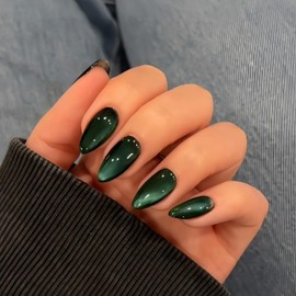 KQueenest Cat Eye Press On Nails - Black Nails for Sticking Almond Medium, Sparkle Glitter Dark Green Fake Nails Set, Luxury Bling Acrylic Artificial Fingernails for Women, Pack of 30