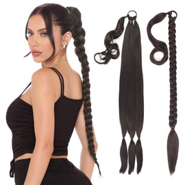 PHOCAS Long Braided Ponytail Extension with Elastic Tie Straight Wrap Around Hair Extensions Ponytail Long Ponytails Extension 32‘’ Hair Piece for Women Daily Use（Brown)