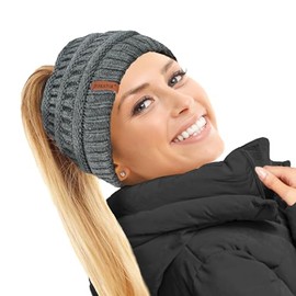 TOSKATOK Ladies Thermal Teddy Fleece Lined Ponytail Beanie Hat-Midgrey