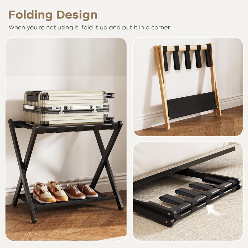 Fully Assembled Black Luggage Rack for Guest Room, Bamboo Folding