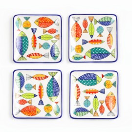 Euro Ceramica FreshCatch Collection 7.25" Canape Plates, Set of 4 - Indoor/Outdoor Use - Colorful Cute Fish Pattern on White, Standard, (FRC-86-3920)