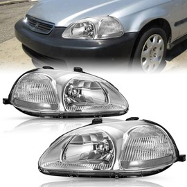 TUSDAR Headlight Assembly Set Compatible with 1996 1997 1998 Honda Civic Driver & Passenger Side (Chrome Housing with Clear Reflector)