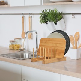 Relaxdays Plate Stand for 6 Plates, Boards, Lids, Set of 2, Bamboo, H x D: 10 x 12 x 29.5 cm, Natural