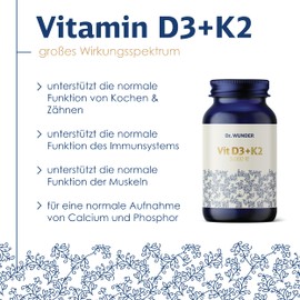 Dr. Wunder® Vitamin D3K2 5000 High Dose: 60 Softgel Capsules with Coconut Oil | Vitamin D3 5,000 IU (Cholecalciferol) | Vitamin K2 200µg (Menachinon All-Trans) | High Bioavailability