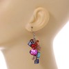Multicoloured Glass Bead, Shell Nugget Cluster Dangle Earrings/Silver Tone/ 60mm