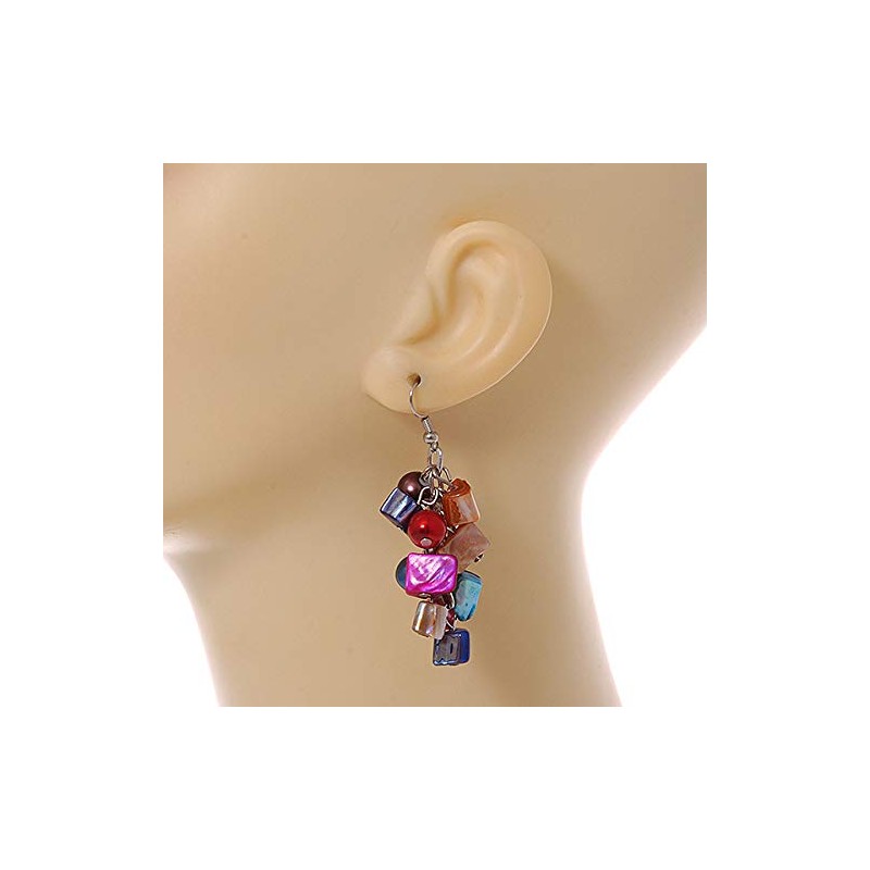 Multicoloured Glass Bead, Shell Nugget Cluster Dangle Earrings/Silver Tone/ 60mm