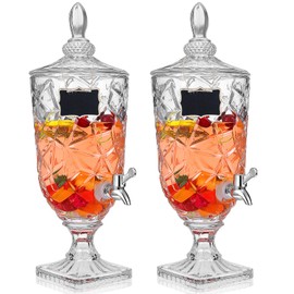 Zhehao Zhehao 2 Pcs Drink Dispensers for Parties 1.3 Gallon Glass Beverage Dispenser Clear Vintage Crystal Iced Beverage Dispenser with Spigot and 2 Wooden Chalkboard Wide Mouth Beverage Server for Bar Home