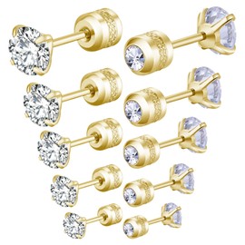 Mochity 3-5 Pairs of Earrings Set for Men and Women, Hypoallergenic Earrings, Gold Sliver Black, 316L Stainless Steel Cubic Zirconia Stud Earrings, Sleep Earring Stud Earrings 2/3/4/5/6 mm, Stainless