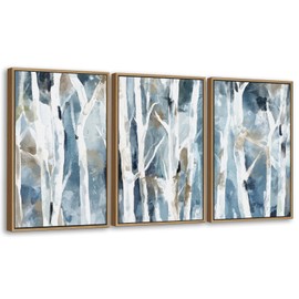 arteWOODS Birch Framed Wall Art - Abstract Blue Brown Forest Canvas Pictures Wall Decor Modern Tree Landscape Painting Artwork Prints for Living Room Bedroom Decor 24 x 16in * 3 Natural Wood Frame