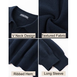 PJ PAUL JONES Mens Sweater V Neck Pullover Polo Sweater Cable Knit Long Sleeve Casual Fall Sweater Navy Blue