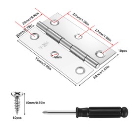 10 Pcs Door Hinges, 75mm/2.95" Stainless Steel Hinges for Wood, Small Butt Hinges for Internal Door External Door Hinges for Windows Closet Drawer Boxes Furniture Cabinet Doors, with 60 Screws