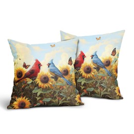 Evlaschin Sunflower Bird Pillow Covers Set of 2, Summer Floral Butterfly Decorative Throw Pillowcases, 18"x18" Rustic Flowers Cotton Linen Cuchion Cover for Sofa Couch Bedding Patio