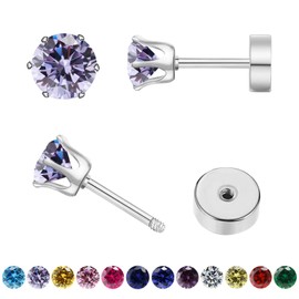 Hypoallergenic Birthstone Stud Earrings for Women Brilliant Cut Round Cubic Zirconia Flat Back Earrings Surgical Steel Cartilage Earrings for Sensitive Ears (Silvery, June Violet)