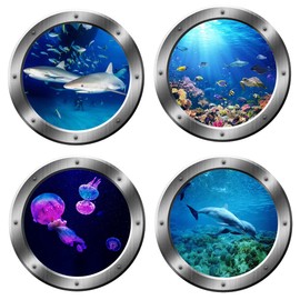 Ocean Animals World Under The Sea Wall Decor Includ Shark Jellyfish Sea Turtles Dolphins Fishes 4 Pcs Removable 3D Peel and Stick Vinyl Stickers for Bathroom,Wall Decals,Bedroom,Living Room Furniture