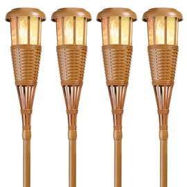 Newhouse Lighting FLTORCH4AZ Solar-Powered Flickering Flame Outdoor Island Torches 4-Pack Bamboo