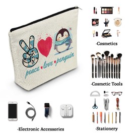 YULUENZE Funny Penguins Canvas Makeup Bag Penguin Lovers Present Organizer Bag Peace Love Penguins Toiletry Zipper Pouch Cosmetic Bag Present for Penguin Lovers Women Friends