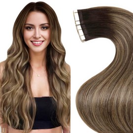 LaaVoo Brown Tape-In Real Hair Extensions Balayage Extensions Real Hair Tape Dark Brown Ombre Caramel Blonde Tape Extensions Real Hair Brown Blonde 50 cm #4/27/4 50 g 20 Pieces