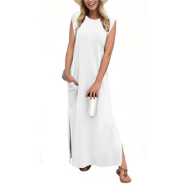 GRECERELLE Women's Summer Crew Neck Casual Loose Split Long Maxi Dress with Pockets (X-Large, White)