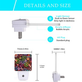 Oeaskly Hippie Peace Flowers Night Light,Hippies Plug-in Night Lights with Dusk-to-Dawn Sensor for Bedroom, Bathroom and Living Room 0.5W Sleep Friendly lamp for for Girlfriend/Boyfriend Gift