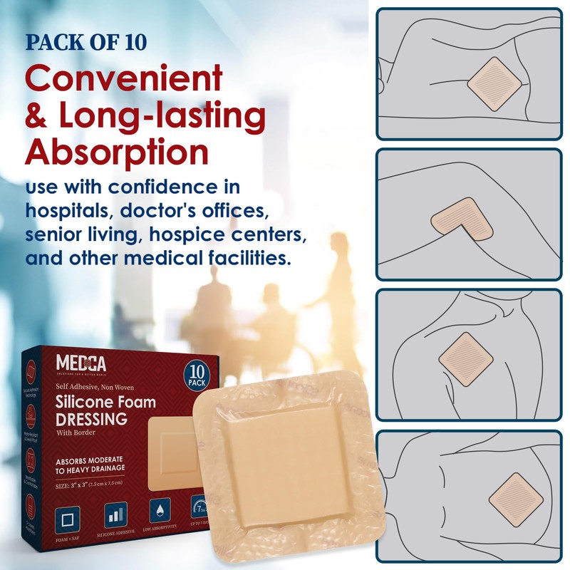 MEDca Silicone Foam Dressing w/Adhesive Border 3"x3" (Pack of 10)