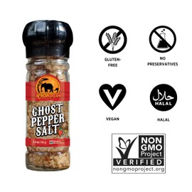 Ghost Pepper Salt Seasoning by African Dream Foods | Spicy Chili Salt with only Natural Hot Ghost Peppers & Sea Salt | Ideal for Meat, Chicken, Seafood | Reusable Grinder, 3.5 oz