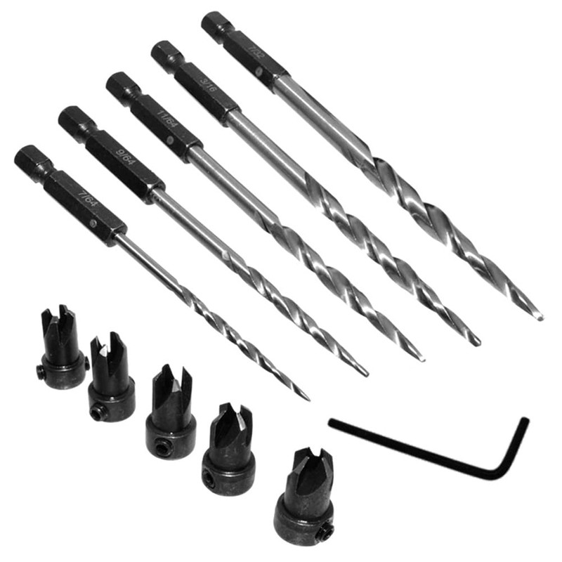 Saipor 5pcs Wood Tapered Countersink Drill Bit Set Hex Shank