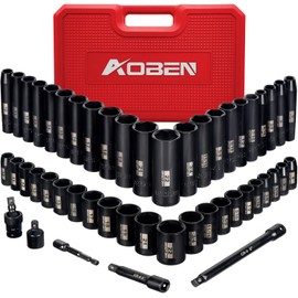 AOBEN 3/8-Inch Drive Impact Socket Set, 49 Pieces,6 Point (5/16" - 3/4", 8mm - 22mm), Deep/Shallow, Includes 3", 6" Extension bars, Universal Joint, 1/2" to 3/8" adaptor, 3/8" Inch Socket Adapter
