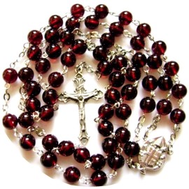 elegantmedical HANDMADE Garnet Gemstone Bead Catholic Sterling 925 Silver 5 DECADE ROSARY Cross Crucifix Necklace Womens/Girls, 20", elegantmedical