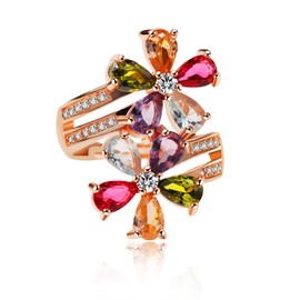 Uloveido Fashion Pear Cut Pink/White/Purple/Green/Yellow Created Tourmaline Rings, Flower October Birthstone Adjustable Rings Rose Gold Plated for Women Gift RJ134