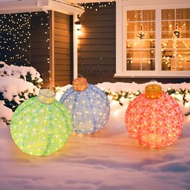 Tangkula Christmas Lighted Pop up Ornaments Set of 3, Outdoor Xmas Lighted Hanging Lanterns with Warm White LED Lights, Indoor/Outdoor Pre-lit 3 Colors Lanterns Decoration for Yard Garden Porch