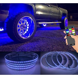 4PCS 15.5inch RGB Multiple Changing LED Wheel Lights Rim Light w/Braking,Turn Singnals Bluetooth App/Remote Ctrl IP68 Waterproof Wheel Ring Light Kit for Car Truck