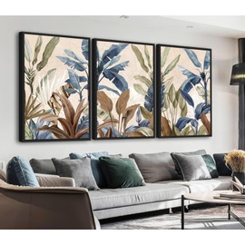 Large Framed Botanical Wall Art - Tropical Leaf Wall Decor 16"x24" Set of 3 Beige Boho Wall Art Prints Minimalist Palm Painting Rustic Plant Canvas Pictures for Living Room Bedroom Office Artwork