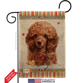 Dog Miniature Poodle Happiness Burlap Garden Flag Set with Stand Animals Puppy Spoiled Paw Canine Fur Pet Nature Farm Animal Creature Small Gift Yard House Banner Double-Sided Made In USA 13 X 18.5