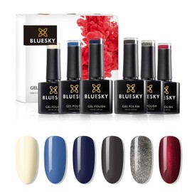 Bluesky Gel Nail Polish Set, AW2020, Lady Snow Autumn and Winter 2020 Collection, 6 x 10 ml Red, Cream, Grey, Blue, Navy, Silver, Glitter (Requires curing under UV/LED Lamp)