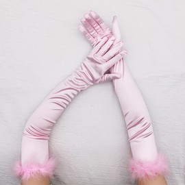 CAMDOM Long Satin Gloves 1920s Vintage Party Gloves Cosplay Fluffy Gloves for Women, pink