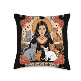 The Cat Lady Tarot Style Witchy Feline Cat Mom Goth Throw Pillow