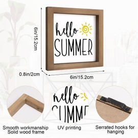 pechpell Hello Summer Sign Decor, 6×6 Inch White Wood Framed Hello Summer Decor with Sun, Rustic Decoration for Home Farmhouse Kitchen Table Shelf Tiered Tray Indoor
