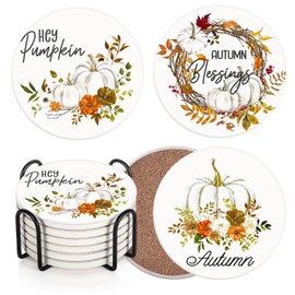 Bribay Coaster for Drinks Set of 6, Autumn Floral Leaves Pumpkin Absorbent Round Ceramic Stone Mat, with Cork Base and Metal Holder, Gift for Housewarming Room Bar Decor